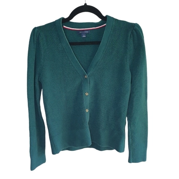 TOMMY HILFIGER‎ Button Up Sweater Ruched Shoulder Emrald Women's Size M - Picture 1 of 12
